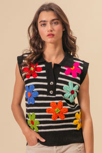 Thumbnail for BiBi Flower Patch Striped Half Button Sweater Vest