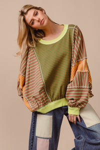 Thumbnail for BiBi Color Block Striped Round Neck Sweatshirt