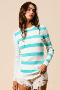 Thumbnail for BiBi Contrast Striped Asymmetrical Hem Knit Top