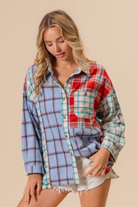 Thumbnail for BiBi Color Block Plaid Button Down Shirt