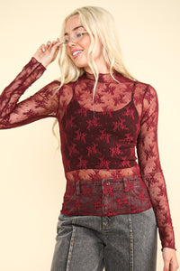 Thumbnail for VERY J Mock Neck Fitted Sheer Mesh Lace Blouse