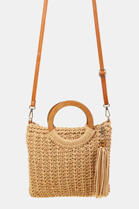 Thumbnail for Fame Crochet Knit Convertible Tote Bag with Tassel