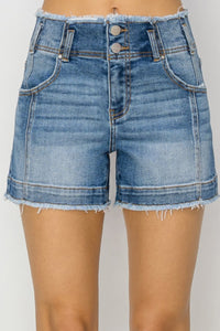 Thumbnail for RISEN High Rise Seam Detailed Raw Edge Denim Shorts