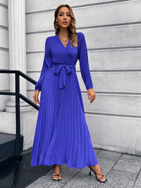 Thumbnail for V-Neck Tie Waist Pleated Maxi Dress