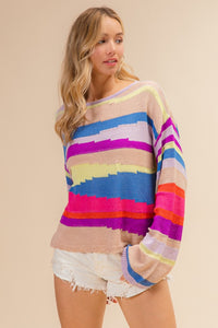 Thumbnail for BiBi Multi Color Geometric Stripe Sweater