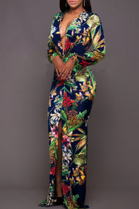 Thumbnail for Printed Plunge Neck Leg Split Maxi Dress