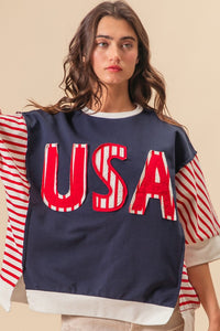 Thumbnail for BiBi USA Letter Patchwork Contrast Short Sleeve T-Shirt