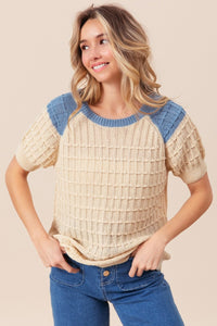 Thumbnail for BiBi Textured Contrast Short Sleeve Sweater