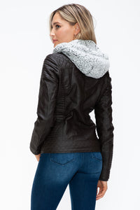 Thumbnail for YMI Faux Layered Double-Zipper Jacket with Fuzzy Hood