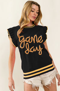 Thumbnail for BiBi Game Day Letter Contrast Trim Ruffled Sleeveless Sweater