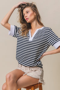 Thumbnail for BiBi Contrast Striped Notched Knit Top