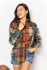 Thumbnail for Double Take Plaid Curved Hem Shirt Jacket with Breast Pockets