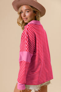 Thumbnail for BiBi Striped Contrast Long Sleeve Knit Top