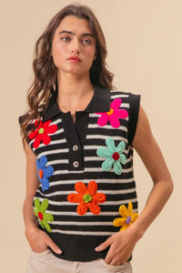 Thumbnail for BiBi Flower Patch Striped Half Button Sweater Vest