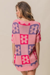 Thumbnail for BiBi Flower Checker Pattern Short Sleeve Sweater