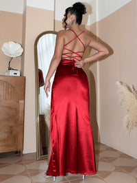 Thumbnail for Backless Crisscross Ruched Split Satin Dress