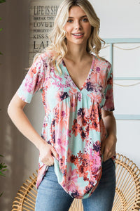 Thumbnail for Heimish Full Size Floral V-Neck Short Sleeve Babydoll Blouse