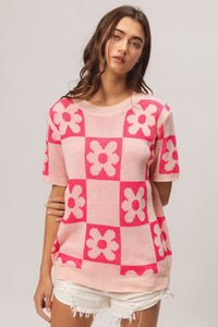 Thumbnail for BiBi Flower Checker Pattern Short Sleeve Sweater