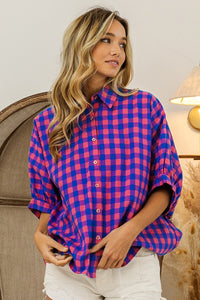 Thumbnail for BiBi Plaid Button Up Dolman Sleeve Shirt