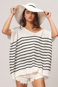 Thumbnail for BiBi V Neck Striped Short Sleeve Top