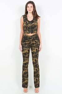 Thumbnail for American Bazi V-Cut Ruched Camo Flare Pants