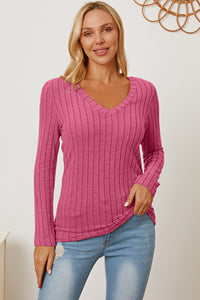 Thumbnail for Basic Bae Full Size Ribbed V-Neck Long Sleeve T-Shirt