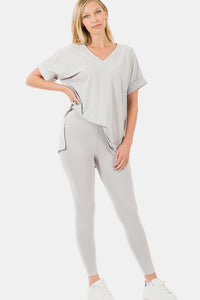 Thumbnail for Zenana V-Neck Rolled Short Sleeve T-Shirt and Leggings Lounge Set