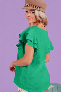 Thumbnail for BiBi Ruffle Sleeve Wrinkled Cotton Gauze Top