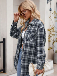 Thumbnail for Mandy Pocketed Plaid Collared Neck Long Sleeve Shirt