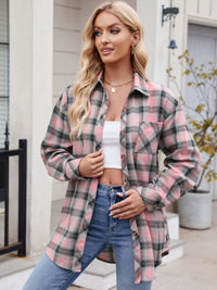 Thumbnail for Mandy Pocketed Plaid Collared Neck Long Sleeve Shirt