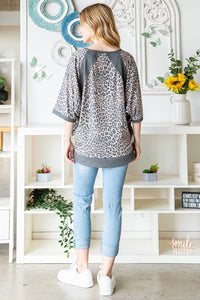 Thumbnail for Heimish Full Size Leopard Contrast V-Neck Half Sleeve T-Shirt