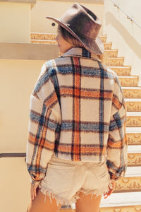 Thumbnail for BiBi Brushed Plaid Crop Jacket with Pockets