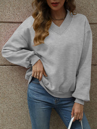 Thumbnail for V-Neck Long Sleeve Dropped Shoulder Sweatshirt