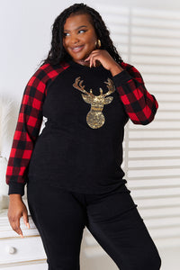 Thumbnail for Heimish Full Size Sequin Reindeer Graphic Plaid Top