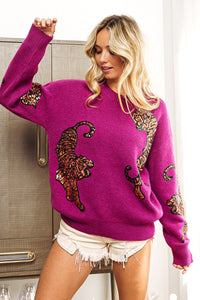 Thumbnail for BiBi Sequin Tiger Embroidery Sweater