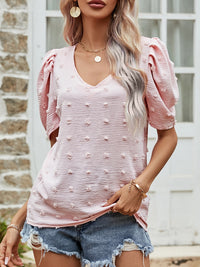 Thumbnail for Swiss Dot Short Puff Sleeve Top