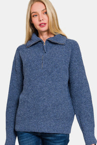 Thumbnail for Zenana Half Zip Long Sleeve Sweater