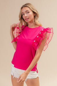 Thumbnail for BiBi Pearl Decor Mesh Ruffle Sleeve Top