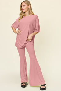 Thumbnail for Double Take Full Size Round Neck Drop Shoulder T-Shirt and Flare Pants Set