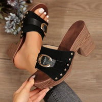 Thumbnail for Buckle Trim Block Heel Sandals