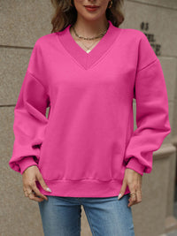 Thumbnail for V-Neck Long Sleeve Dropped Shoulder Sweatshirt