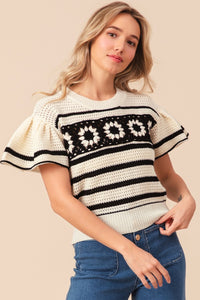 Thumbnail for BiBi Granny Square Short Sleeve Striped Sweater