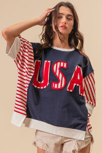 Thumbnail for BiBi USA Letter Patchwork Contrast Short Sleeve T-Shirt