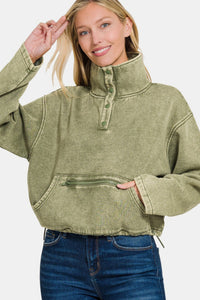 Thumbnail for Zenana Acid Wash Fleece Half Snap Sweatshirt with Pocket