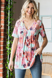 Thumbnail for Heimish Full Size Floral V-Neck Short Sleeve Babydoll Blouse