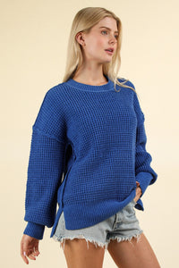 Thumbnail for VERY J Waffle-Knit Exposed Seam Round Neck Sweater