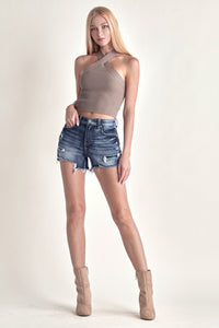 Thumbnail for RISEN Mid Rise Raw Hem Denim Shorts