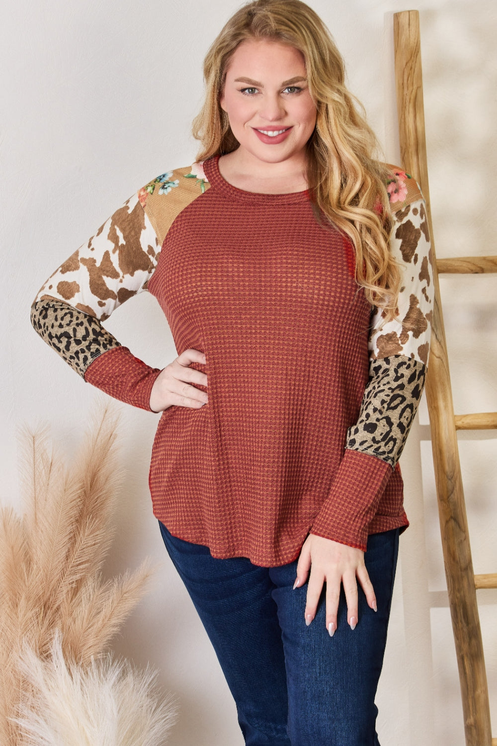 Hailey & Co Full Size Leopard Waffle-Knit Blouse