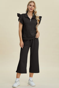 Thumbnail for Double Take Full Size Texture Ruffle Short Sleeve Top and Wide Leg Pants Set