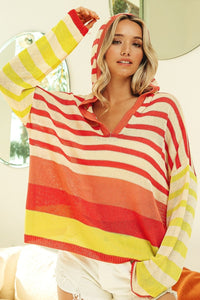 Thumbnail for BiBi Striped Color Block Hooded Knit Top